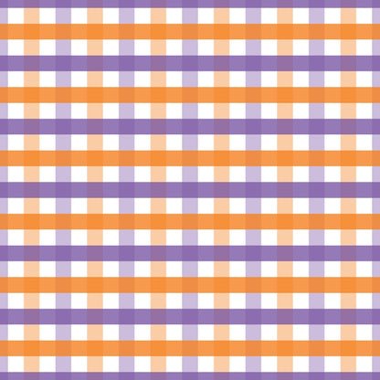 A gingham pattern with alternating orange and purple stripes intersecting over a white background, creating a checkered grid.