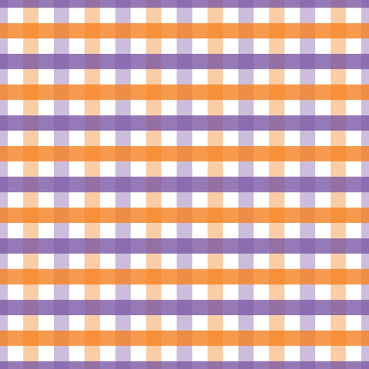 A gingham pattern with alternating orange and purple stripes intersecting over a white background, creating a checkered grid.