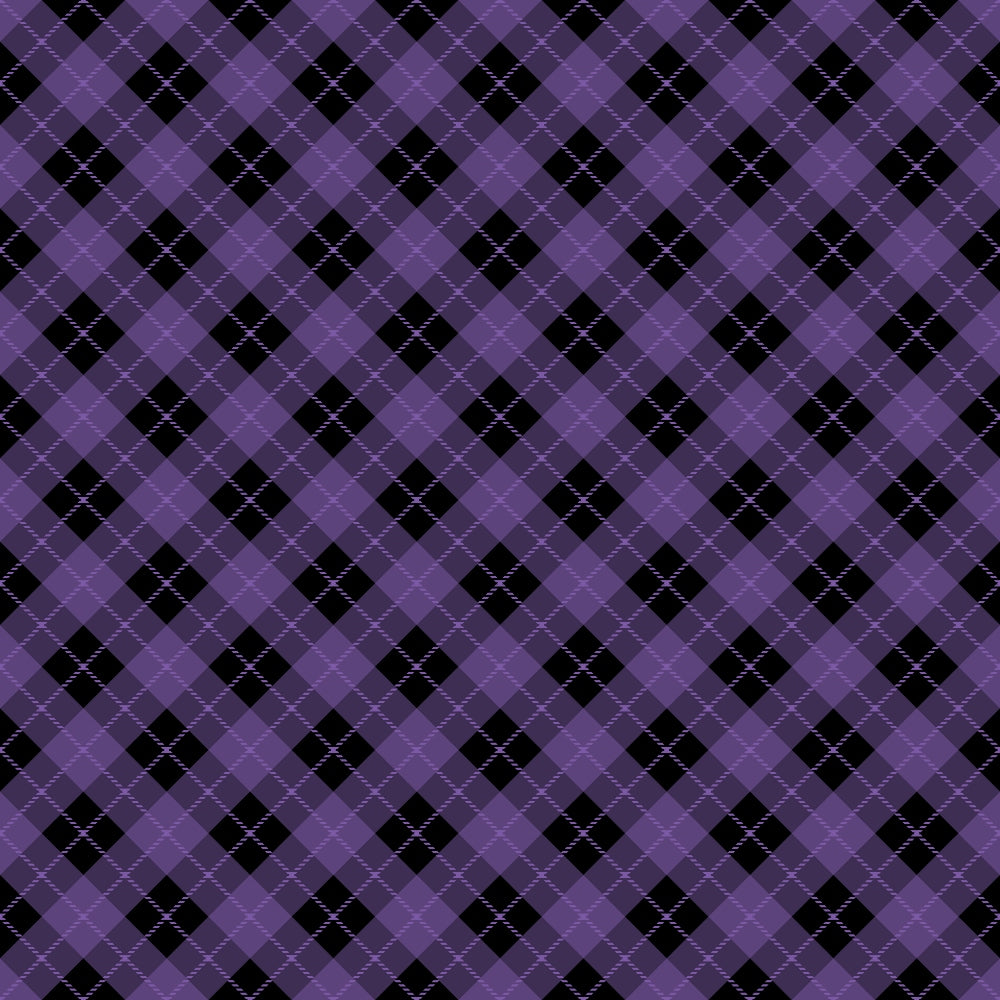 Purple and black argyle pattern with a diamond design and dotted lines alternating diagonally.