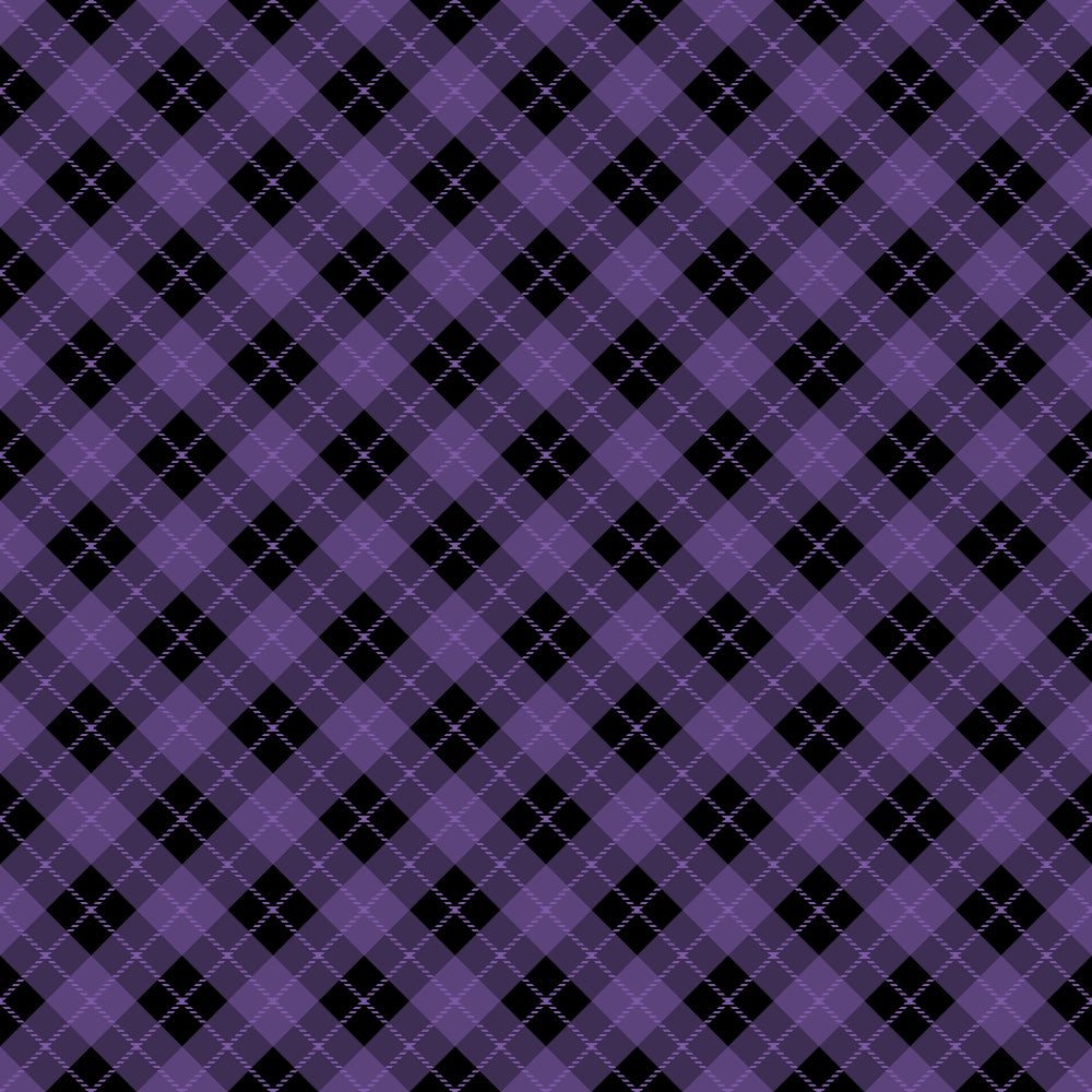 purple, black, plaid, argyle pattern, diagonal lines, checkered, halloween themed, quilting cotton, fabric panel, gothic colors, geometric design, crosshatch texture, seasonal fabric, autumn colors, spooky theme, craft fabric, sewing material, repeating pattern, diamond shapes