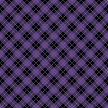 Purple and black argyle pattern with a diamond design and dotted lines alternating diagonally.