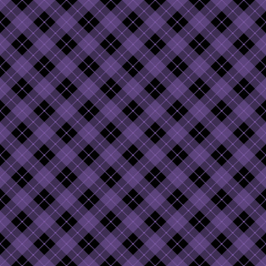 Purple and black argyle pattern with a diamond design and dotted lines alternating diagonally.