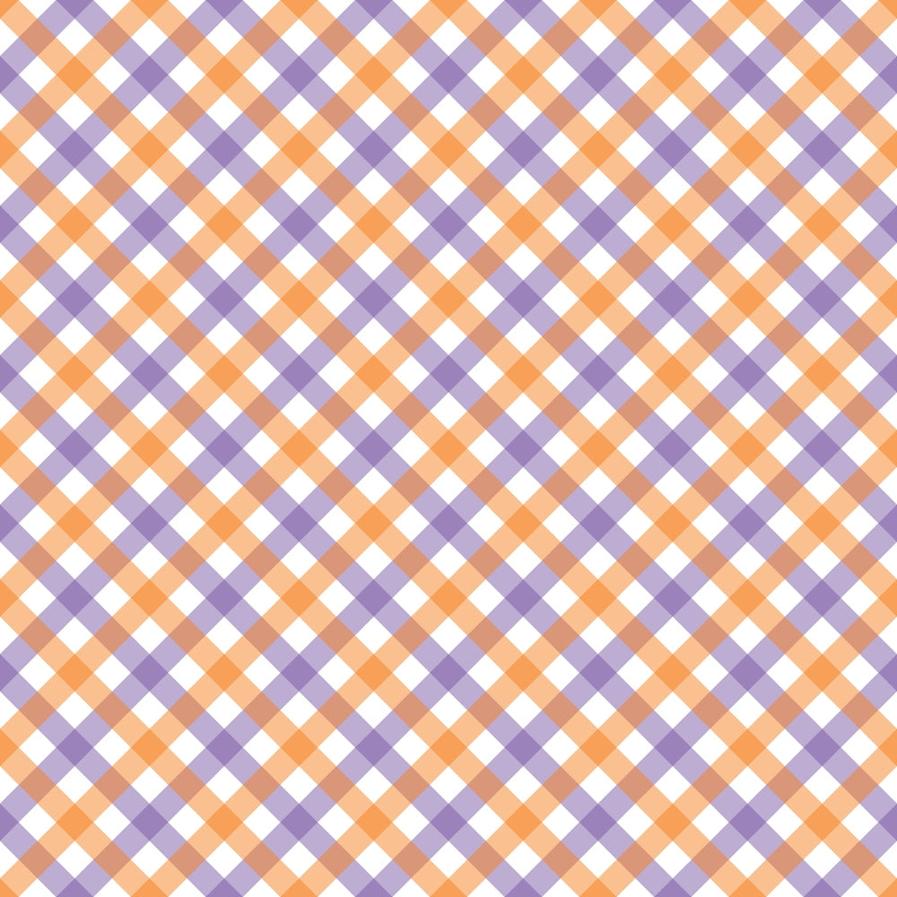 A seamless pattern of orange and purple diagonal checkered squares on a white background.