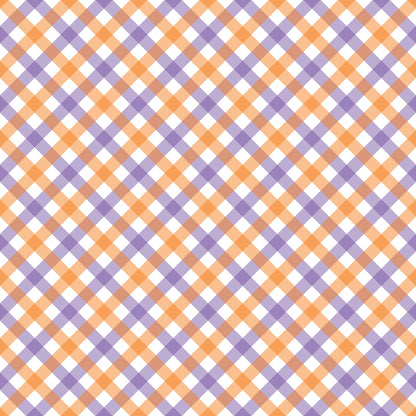 A seamless pattern of orange and purple diagonal checkered squares on a white background.