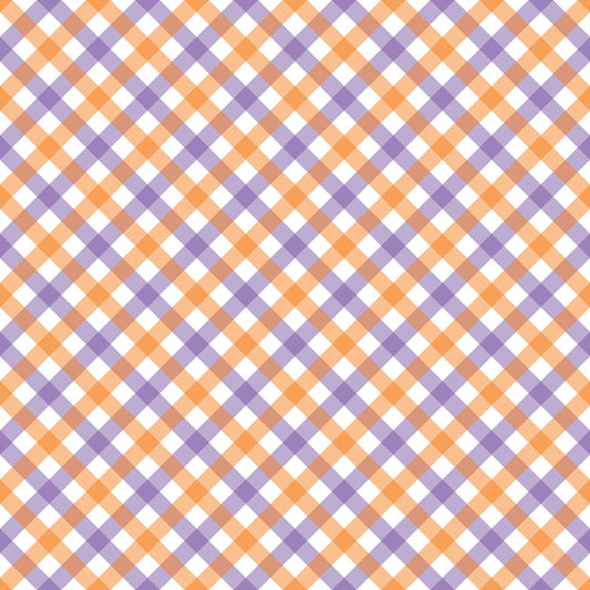 A seamless pattern of orange and purple diagonal checkered squares on a white background.