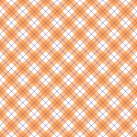 Orange and white argyle pattern with thin blue lines forming diamond shapes.