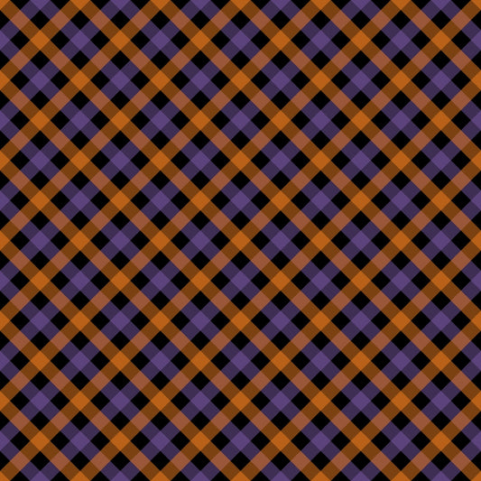 A geometric pattern featuring intersecting orange, purple, and black diagonal lines forming squares and diamonds.