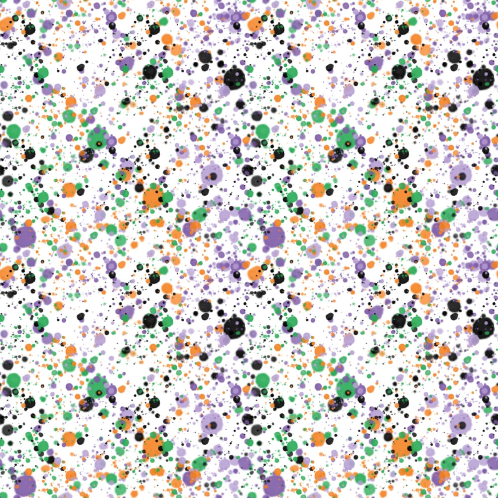 A pattern of scattered paint splatters in black, orange, green, and purple on a white background.