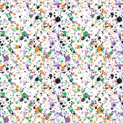 A pattern of scattered paint splatters in black, orange, green, and purple on a white background.