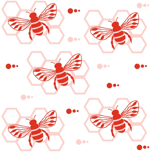 Pattern of red bees and hexagons on a white background, with scattered red dots.