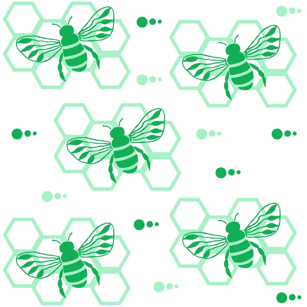 Pattern of green bees and honeycomb shapes on a white background with small green dots.