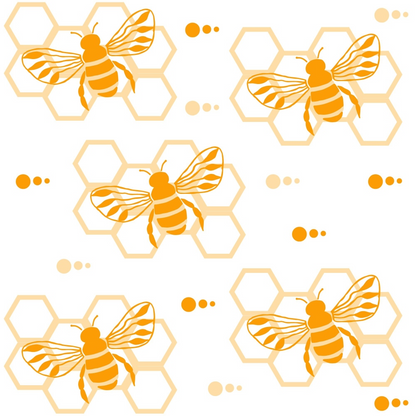 Pattern of orange bees and honeycombs on a white background with small dotted accents.