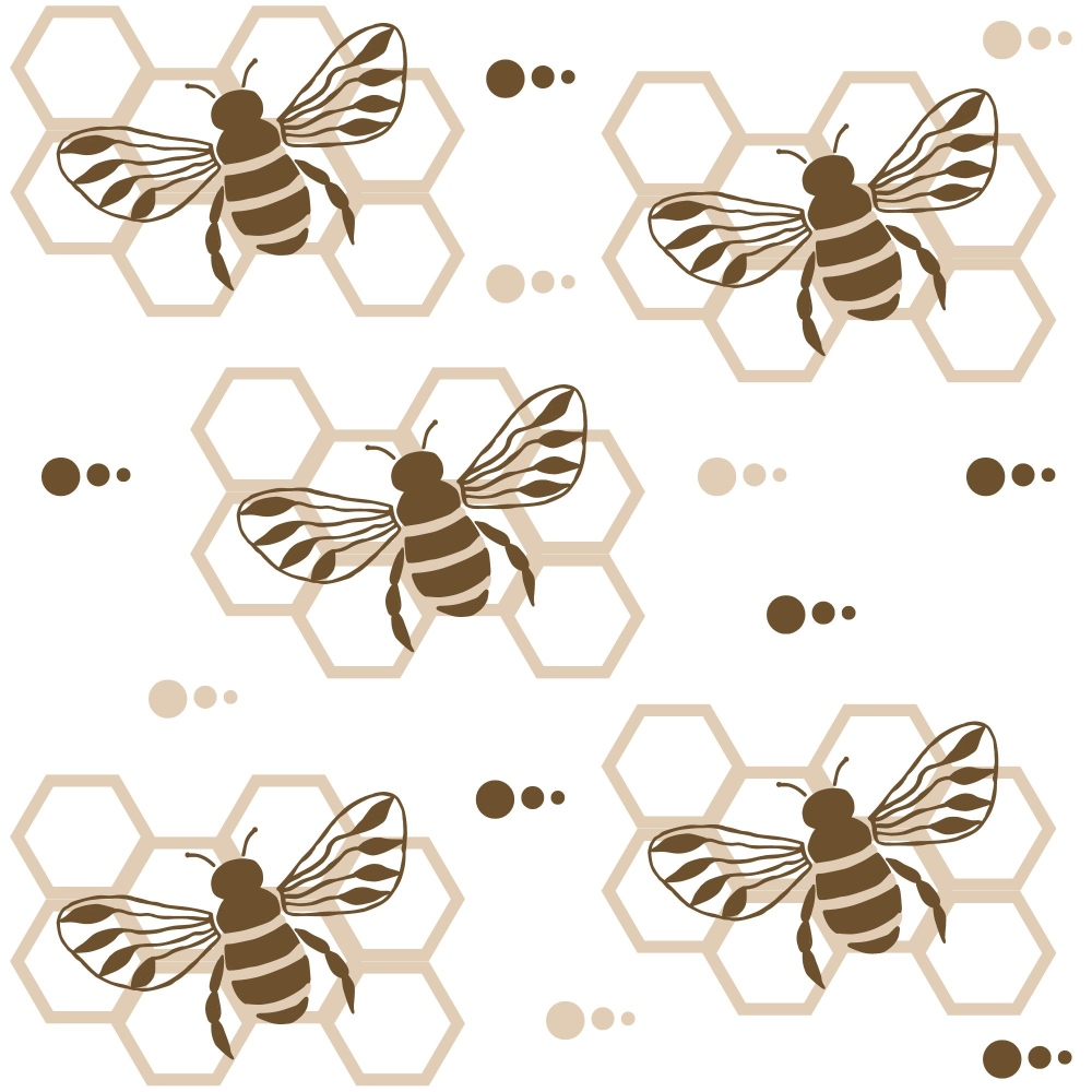 Pattern of bees with brown stripes on honeycomb backgrounds and dotted lines, arranged in a grid on a white background.