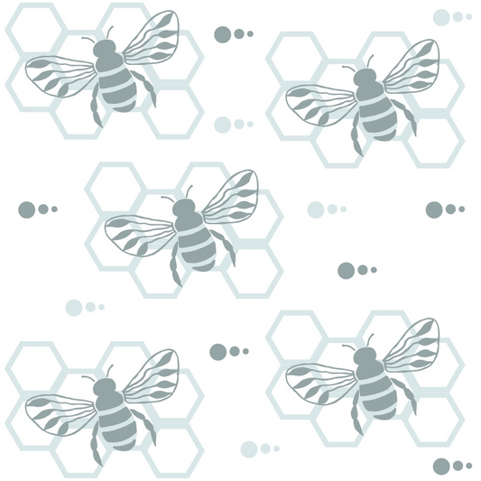 Pattern of gray bees over hexagonal honeycomb shapes with small circles, on a white background.