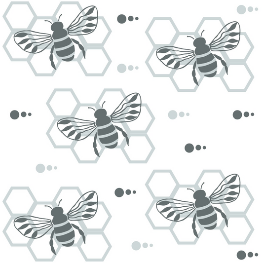 Pattern of stylized bees with wings spread, overlaid on a honeycomb design, accompanied by small circular shapes, all in shades of gray.