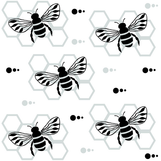 Pattern of black and white bees with striped bodies and wings, surrounded by simple honeycomb and dot motifs on a white background.