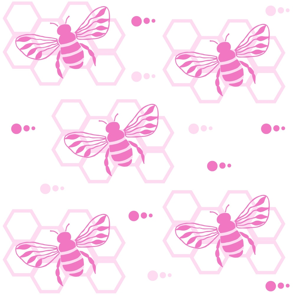 Pattern of pink bees and hexagons on a white background with small circles scattered throughout.