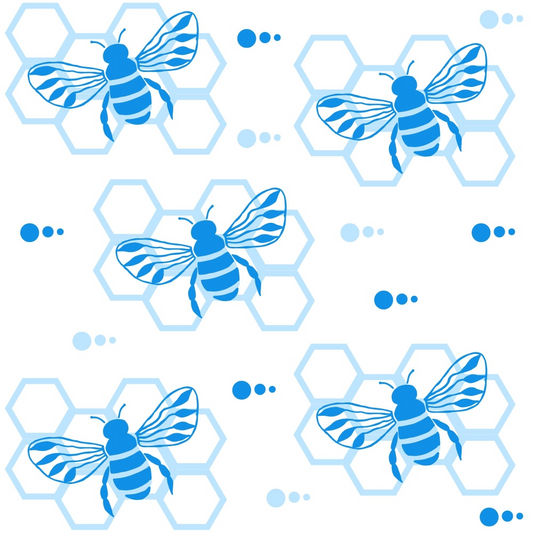 Pattern of five blue bees with honeycomb shapes and dots on a white background.