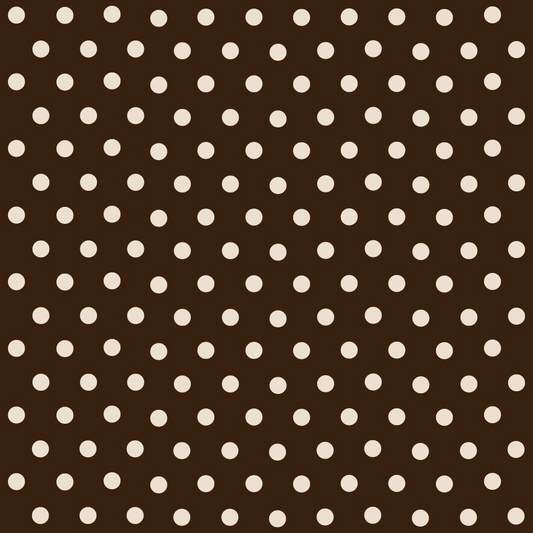 Pattern of evenly spaced white polka dots on a dark brown background.