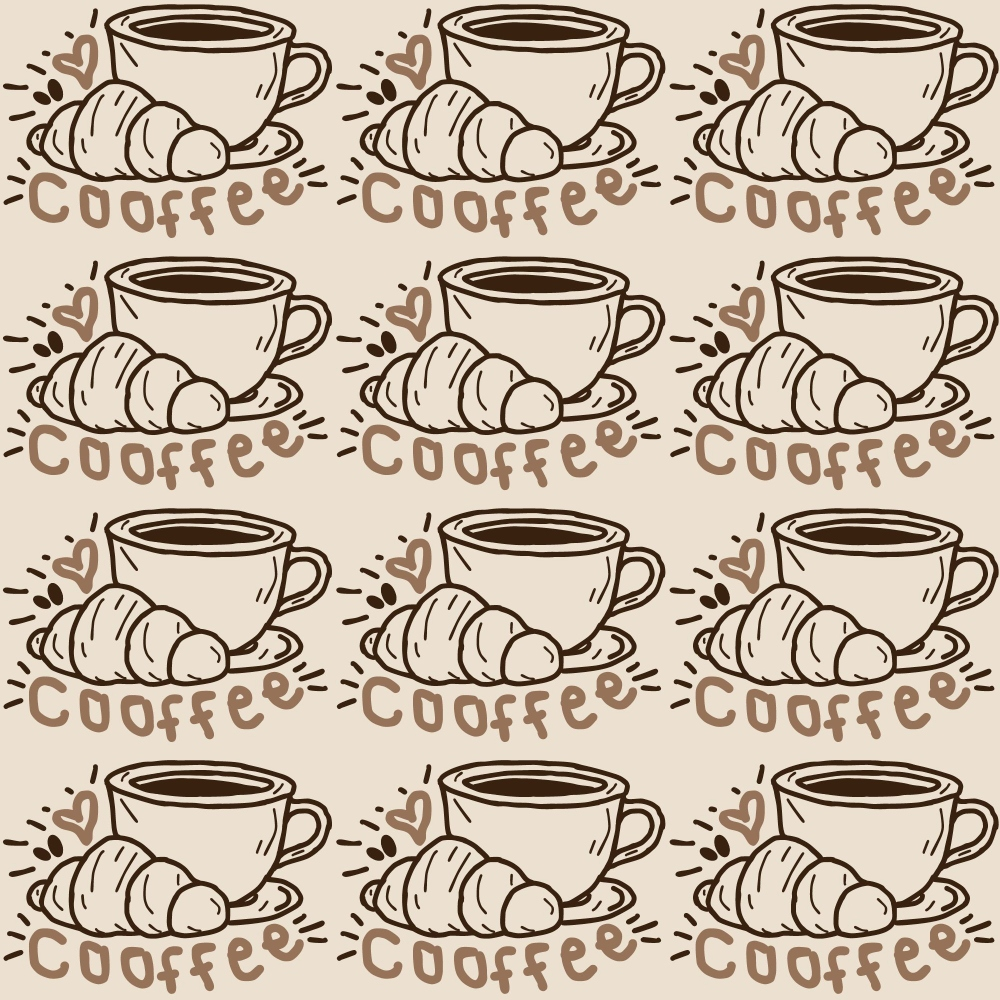 Pattern of nine hand-drawn coffee cups with croissants and the word coffee repeated in a grid.