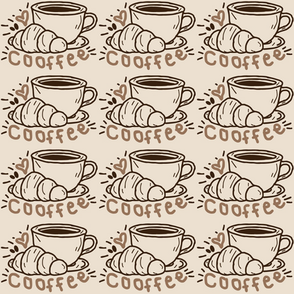 Pattern of nine hand-drawn coffee cups with croissants and the word coffee repeated in a grid.