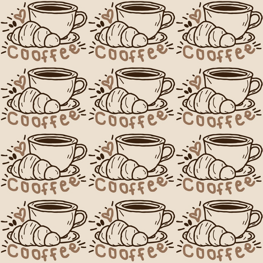 Pattern of nine hand-drawn coffee cups with croissants and the word coffee repeated in a grid.