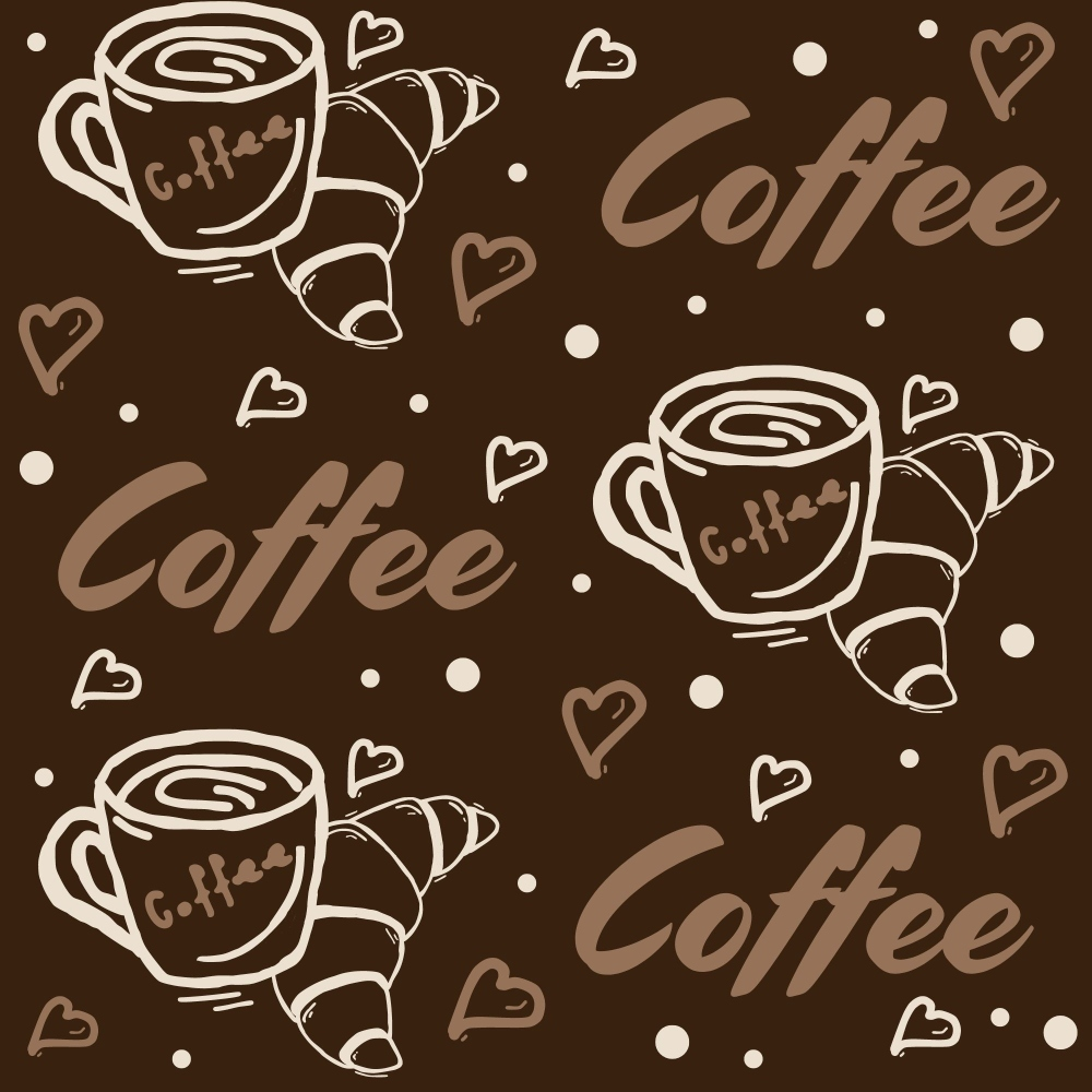 Patterned image featuring coffee cups and croissants with the word Coffee and heart shapes on a brown background.