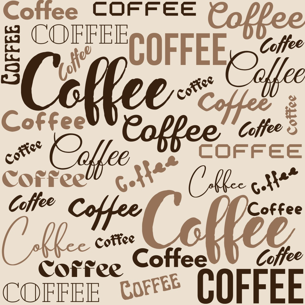 The word Coffee is repeated in various fonts, sizes, and shades of brown on a beige background.