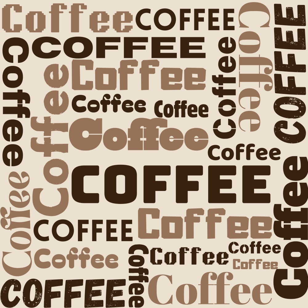 Various styles and sizes of the word Coffee are arranged randomly on a beige background.