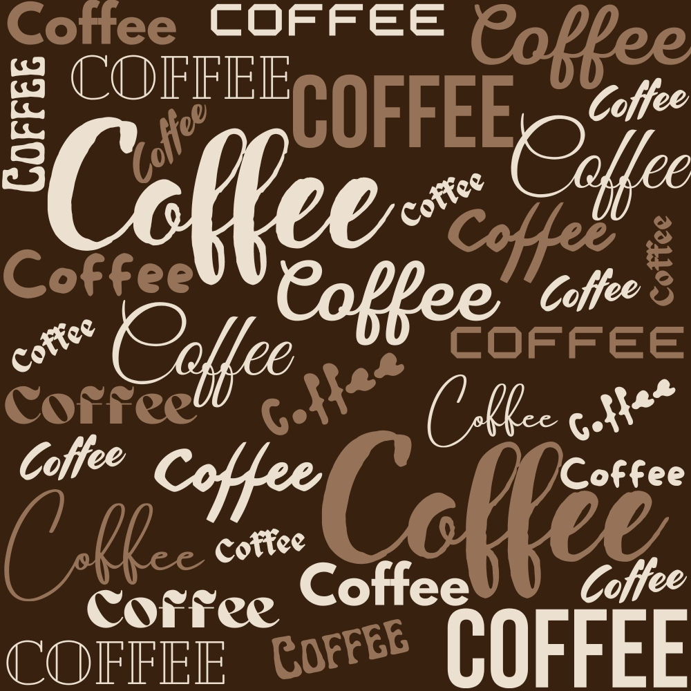 Multiple variations of the word coffee in different fonts and sizes on a brown background.