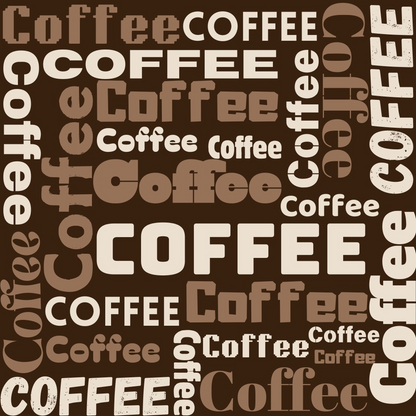 Various fonts and styles spell the word Coffee repeatedly in white, tan, and brown on a dark brown background.