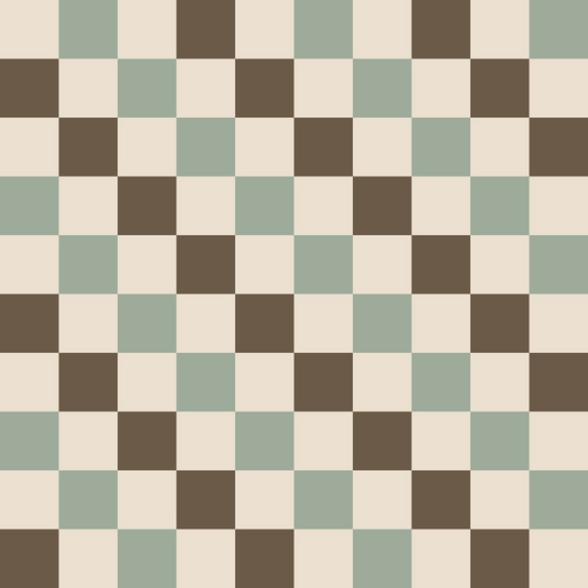 A checkered pattern with alternating squares of beige, brown, and muted green.