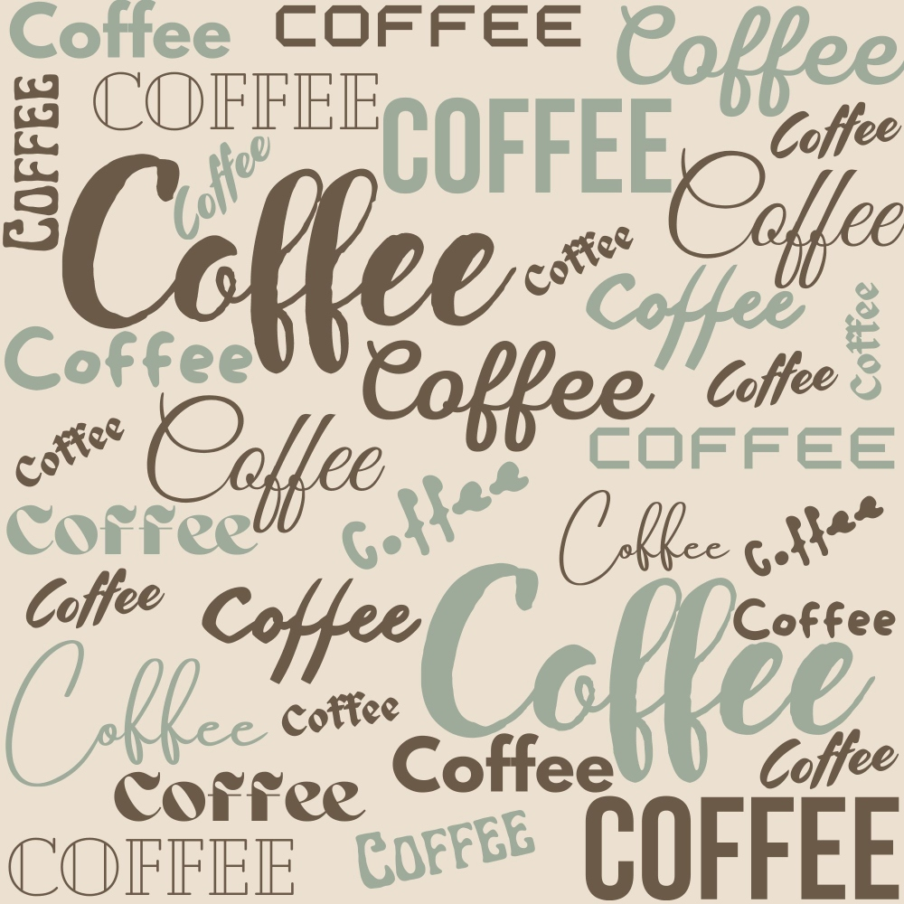 The word Coffee is displayed multiple times in various fonts and styles, with different sizes and colors, on a beige background.