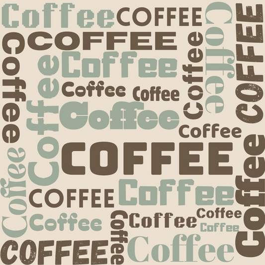 Various styles and sizes of the word Coffee arranged in a collage on a light background.