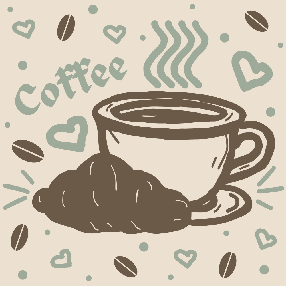 Illustration of a coffee cup with steam next to a croissant. The word Coffee is written above, surrounded by coffee beans and heart shapes on a beige background.