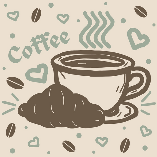 Illustration of a coffee cup with steam next to a croissant. The word Coffee is written above, surrounded by coffee beans and heart shapes on a beige background.