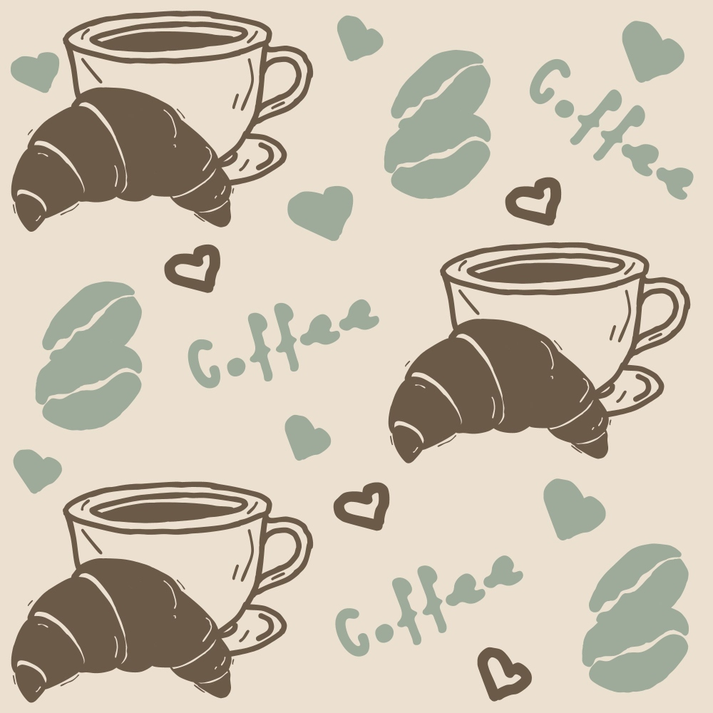 Pattern of coffee cups, croissants, hearts, and coffee beans on a beige background.