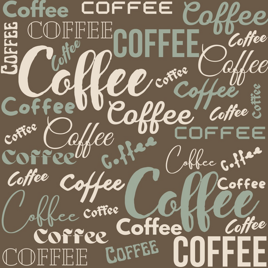 The word Coffee repeated in various sizes, colors, and fonts on a brown background.