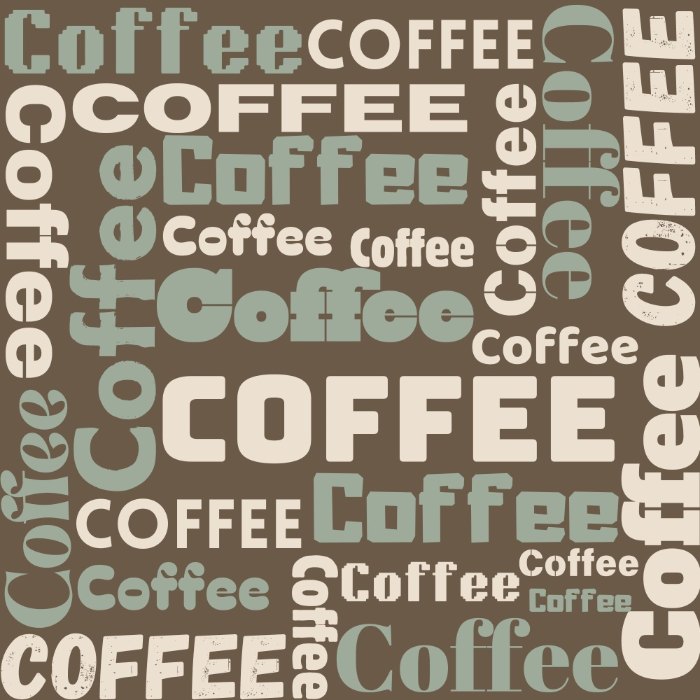 A collage of the word Coffee in various fonts, sizes, and orientations on a brown background.