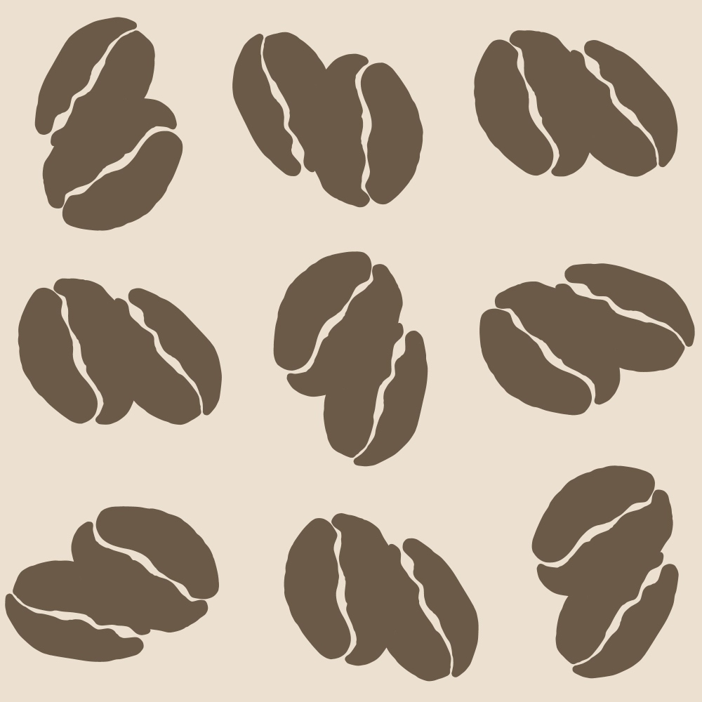 Pattern of stylized brown coffee beans arranged in a grid on a light beige background.