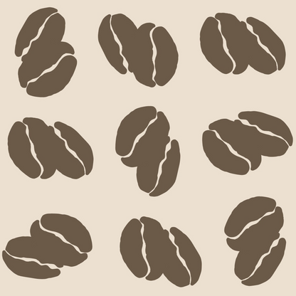 Pattern of stylized brown coffee beans arranged in a grid on a light beige background.