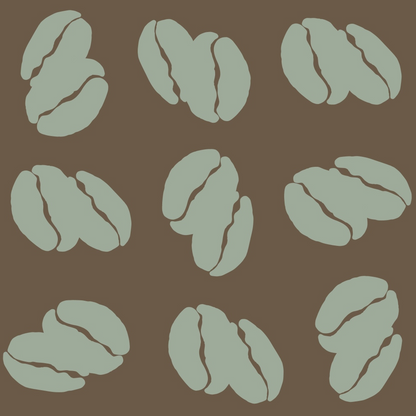 Green abstract shapes resembling coffee beans on a brown background, arranged in a grid pattern.