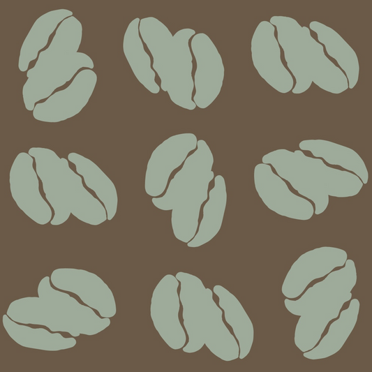 Green abstract shapes resembling coffee beans on a brown background, arranged in a grid pattern.