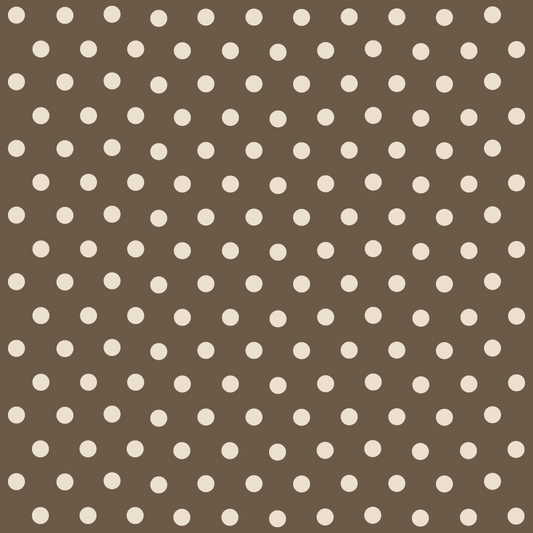 Brown background with an evenly spaced pattern of white polka dots.