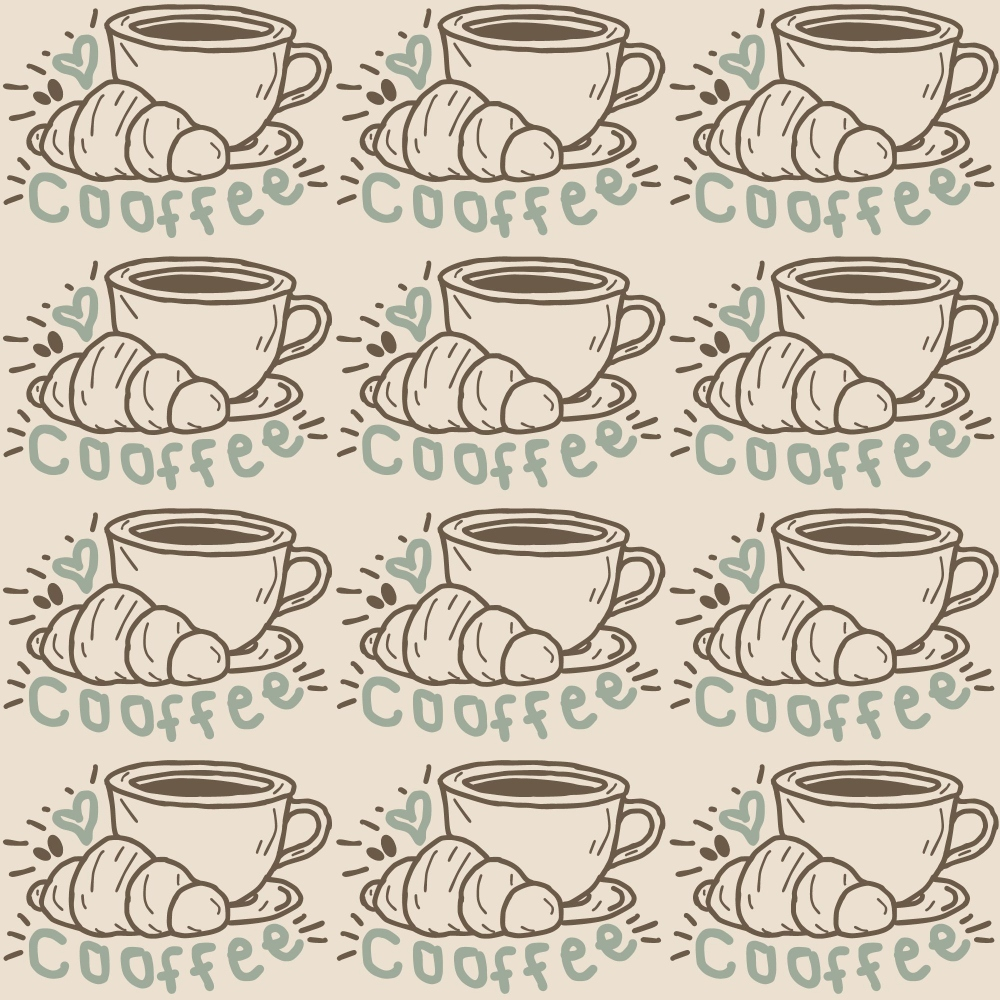 Illustration pattern of coffee cups and croissants with the word coffee repeated in rows on a beige background.