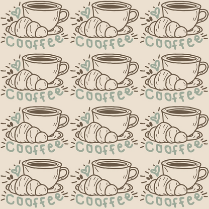 Illustration pattern of coffee cups and croissants with the word coffee repeated in rows on a beige background.