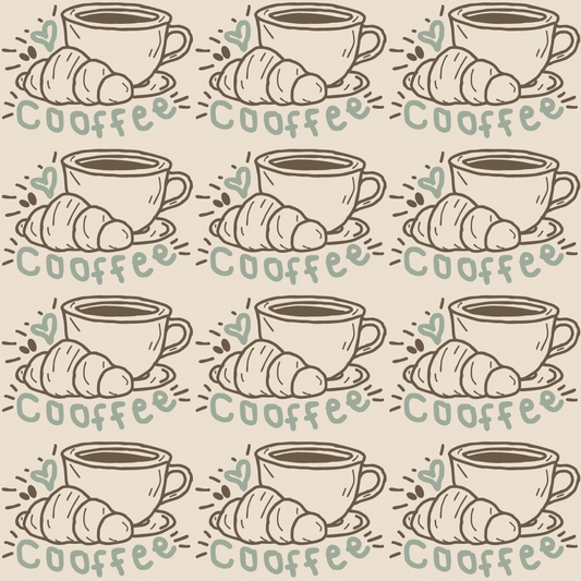 Illustration pattern of coffee cups and croissants with the word coffee repeated in rows on a beige background.