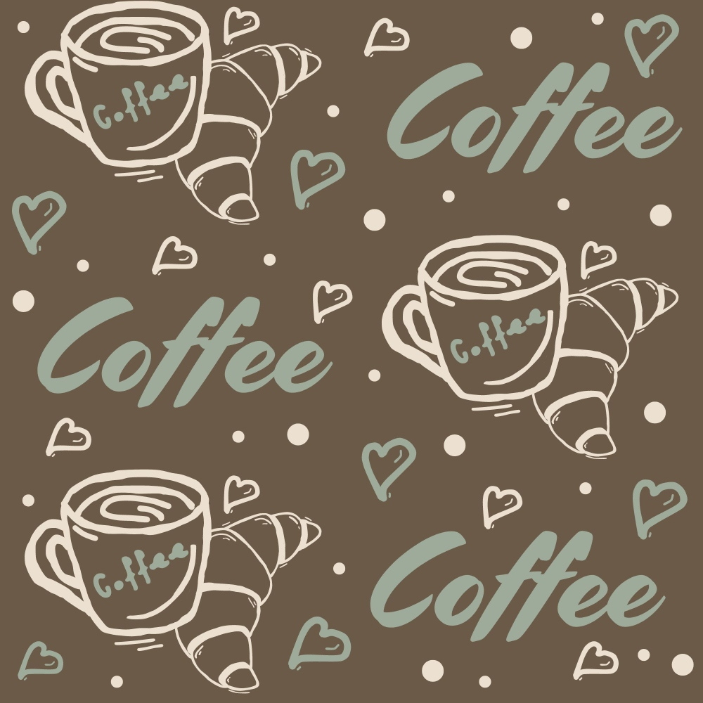 Repeated pattern of coffee cups with Coffee text and croissants on a brown background with heart and dot accents.