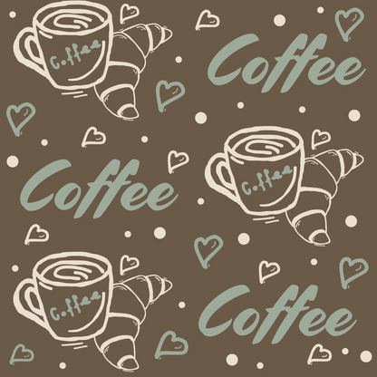 Repeated pattern of coffee cups with Coffee text and croissants on a brown background with heart and dot accents.