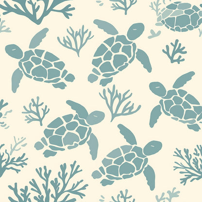 Pattern of teal sea turtles and coral branches on a light beige background.